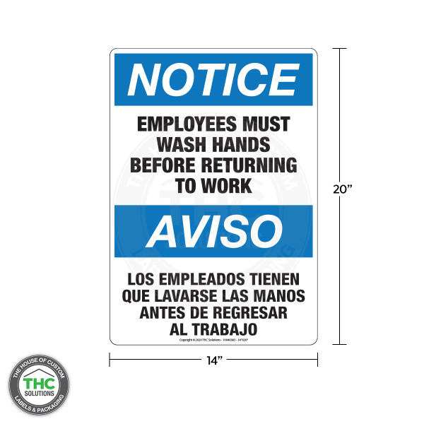 Notice - Employees Must Wash Hands English / Spanish - Vertical Safety Sign